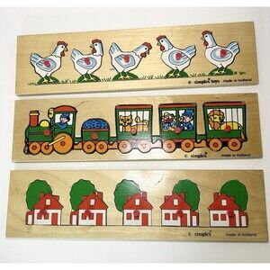 Vintage Simplex Wooden Puzzle Lot Of 3 Clowns Chickens Houses Made in Holland